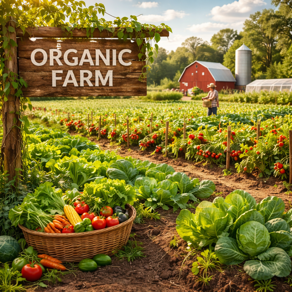 Organic vegetable farm with fresh crops growing in natural soil
