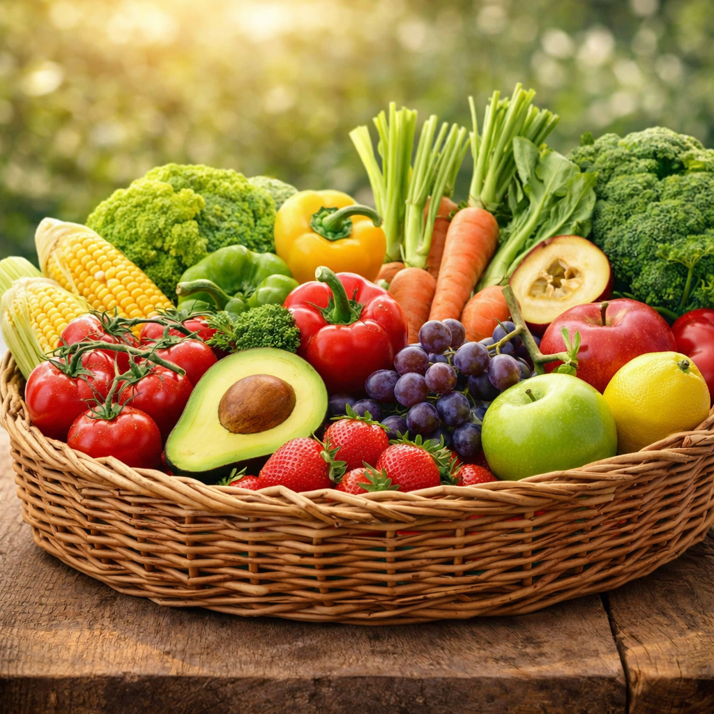 Basket of fresh organic fruits and vegetables